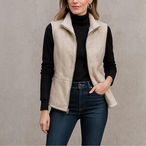 Chico's Sherpa Faux Suede Ecru Vest Zip Front Pockets 2 L/ 12-14